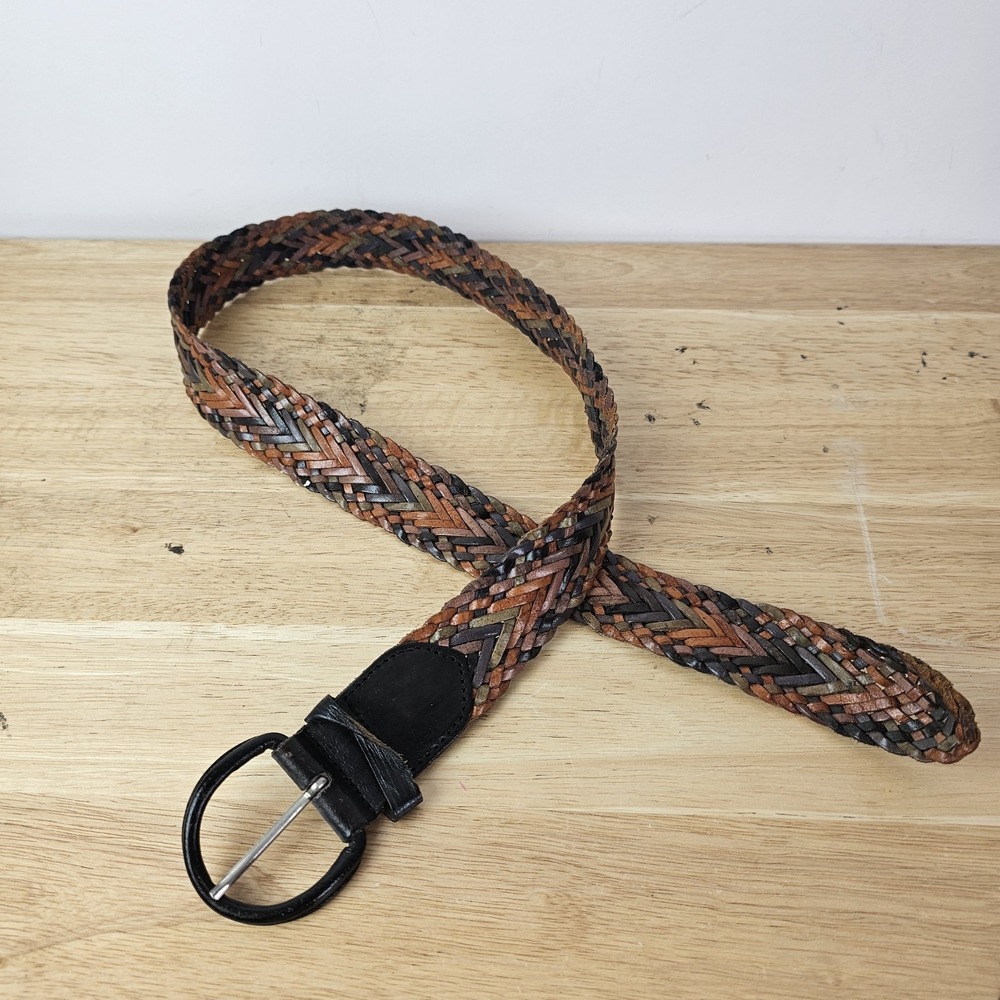 Woven Leather Belt Round Buckle Brown Black Small Medium Womens Western Boho